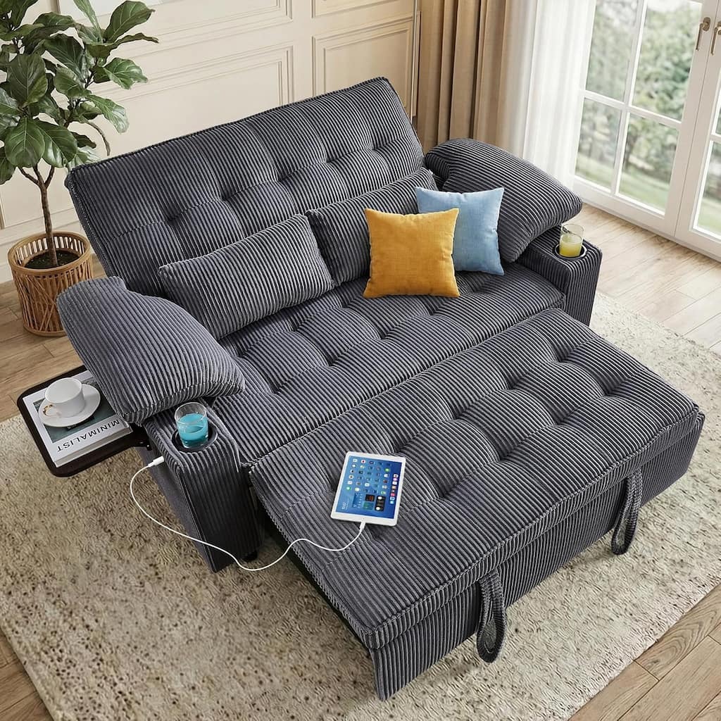 58" Sleeper Sofa Bed, Convertible Pull Out Couch Bed Full Size Corduroy Fabric Loveseat, USB Charging