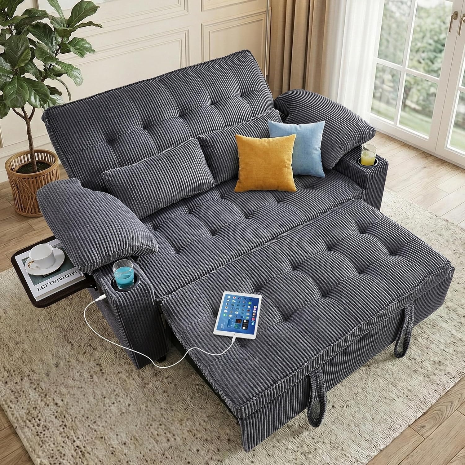 58" Sleeper Sofa Bed, Convertible Pull Out Couch Bed Full Size Corduroy Fabric Loveseat, USB Charging