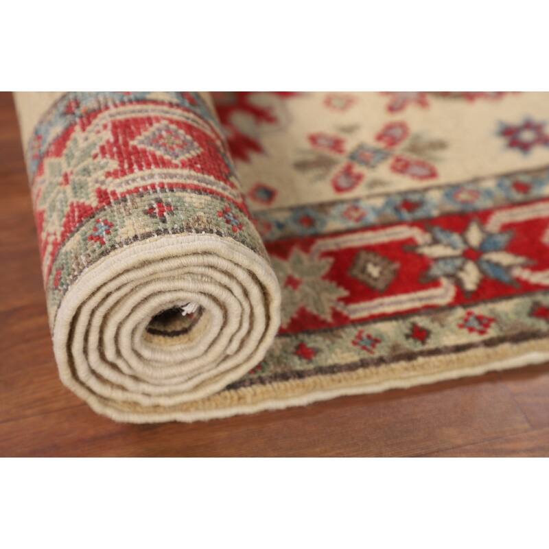 Geometric Kazak Oriental Runner Rug Handmade Beige Wool Carpet - 2'0" x 5'9"