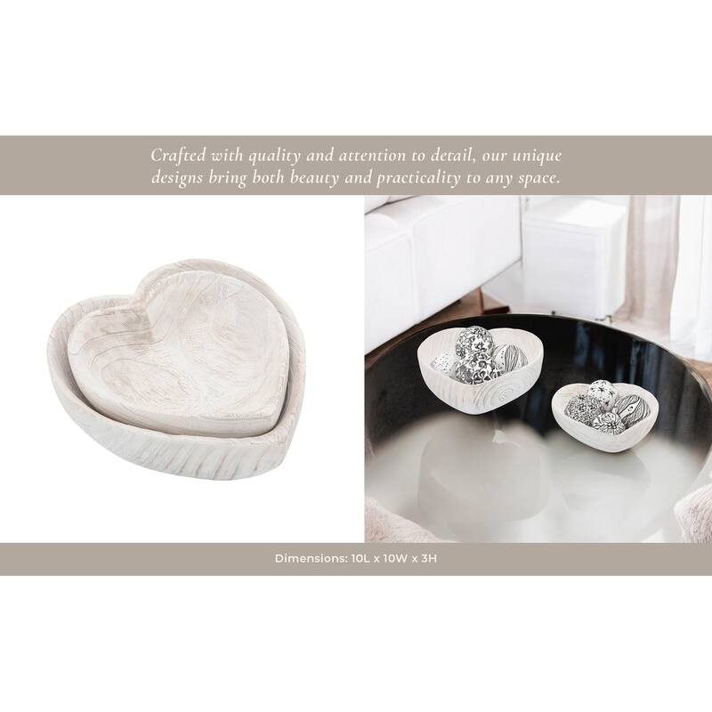 Sagebrook Home Handcrafted Paulownia Wood Decorative Bowls, Heart-Shaped Nesting Design, Set of 2 - 10" x 10" x 3"