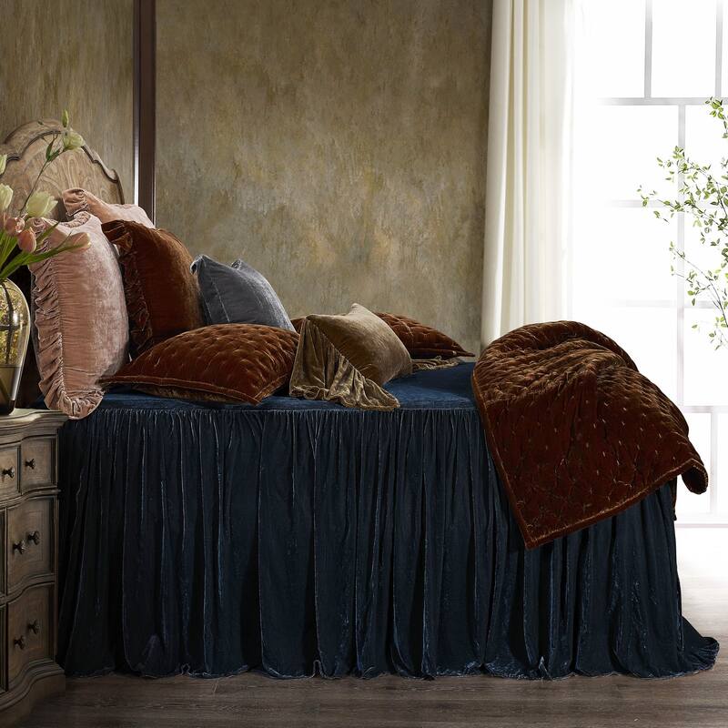 HiEnd Accents Stella Faux Silk Velvet Ruffle Skirt 3 Piece Bedspread Set with Pillow Shams