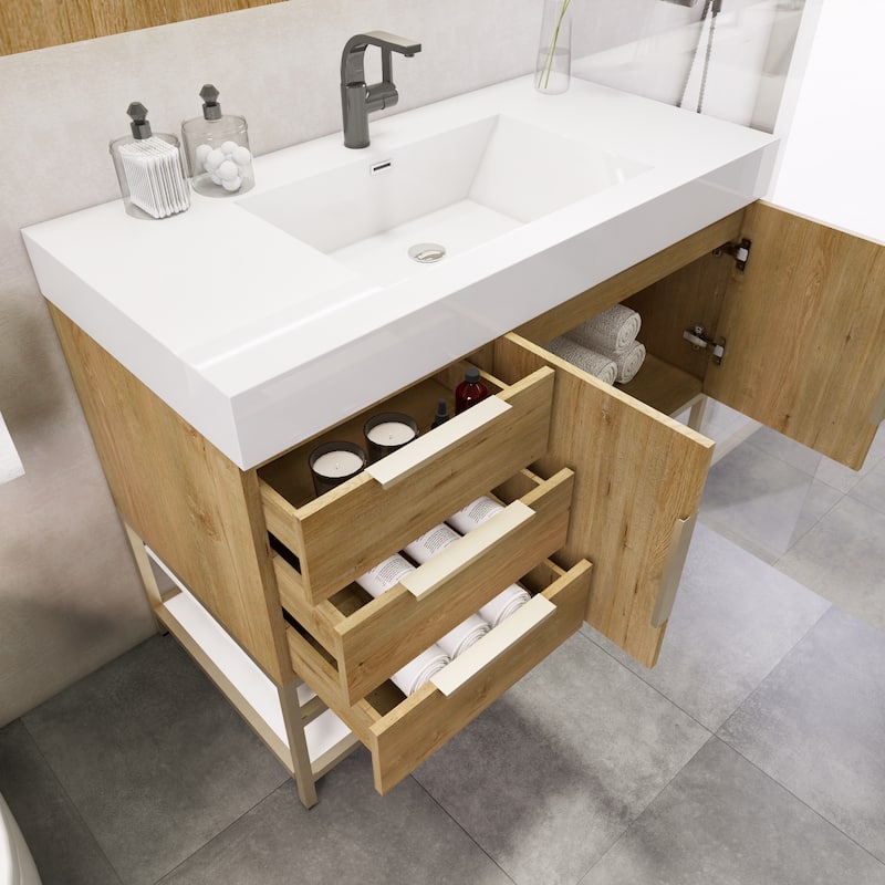Noble 42" Free Standing Vanity (L Drawer) with Reinforced Acrylic Sink - 42" Width