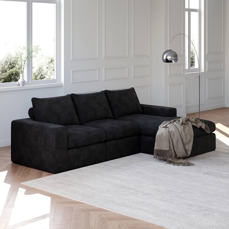Roomfitters Modern 3-Seater Corduroy Cloud Sectional Sofa with Chaise, L-Shaped Boneless Couch with Pillows - Black - 3 Seater