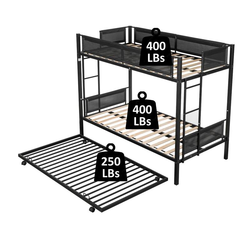 Metal Twin over twin bunk bed with Trundle/ Sturdy Metal Frame