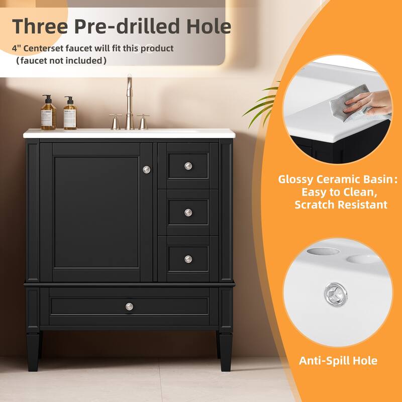 Bathroom Vanity with Ceramic Sink, Modern Bathroom Storage Cabinet with Side Door Organizer and 3 Different Sizes Drawers
