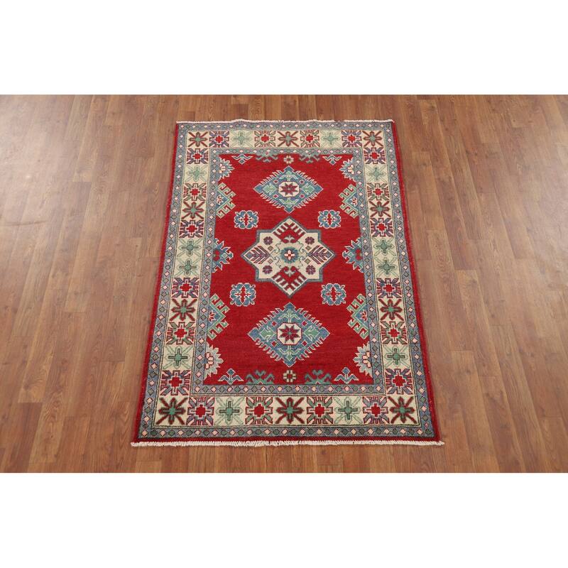 Red Kazak Oriental Accent Rug Hand-Knotted Geometric Wool Carpet - 3'4" x 4'11"