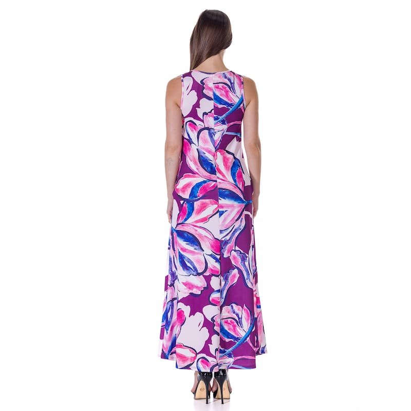 24seven Comfort Apparel Womens Casual Purple Floral Scoop Neck Sleeveless Maxi Dress With Pockets