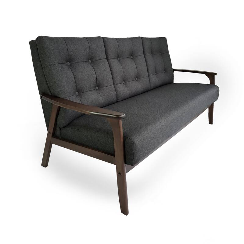 Mid Century Waffle Stitch Tufted Accent Sofa with Rubberwood Legs, Charcoal Grey Fabric