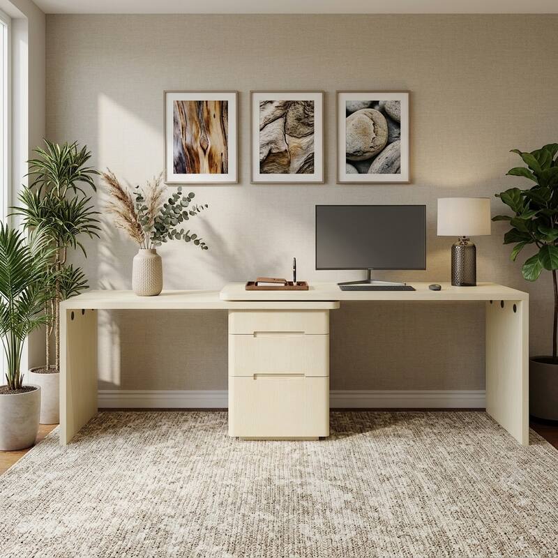 Merax 360 Modern L-Shape Rotating Desk with 3 Drawers and Space-Saving Convertible Workstation