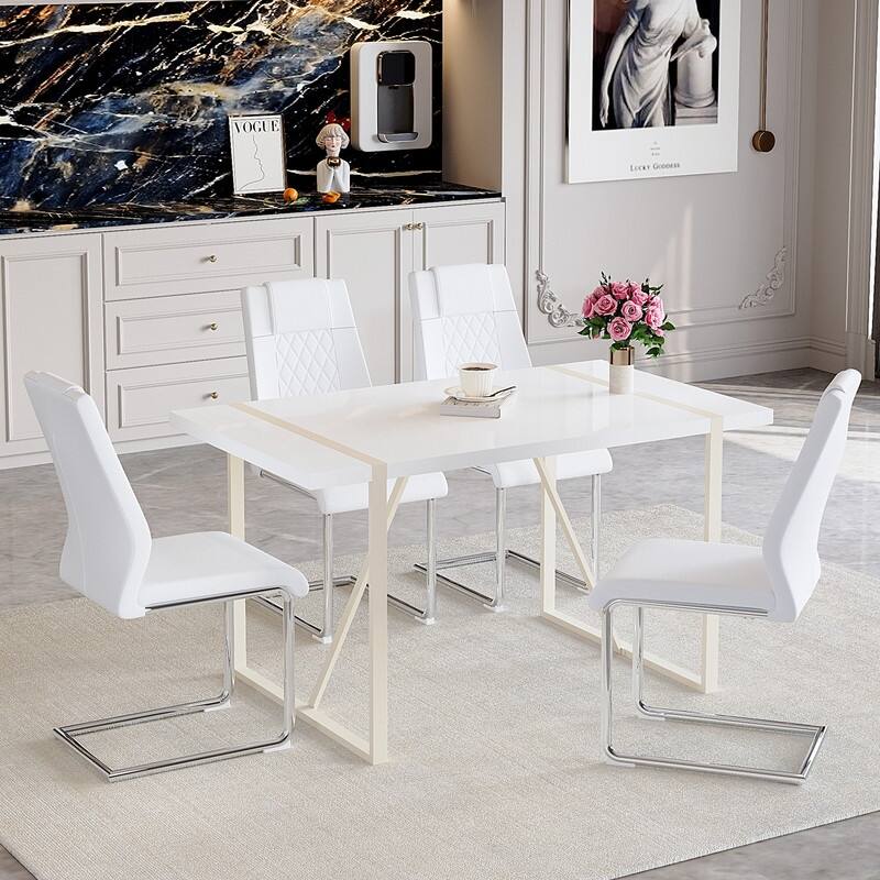 5-Piece Cream White MDF Dining Table Set, with 4 Chairs, Silver Metal Legs, Kitchen Dining Room Set