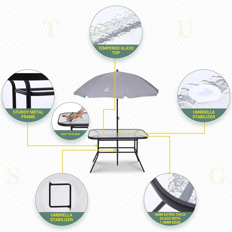8-Piece Patio Dining Set, Garden Outdoor Table Set with Tilted Removable Umbrella, Glass Table, and 6 Folding Chairs