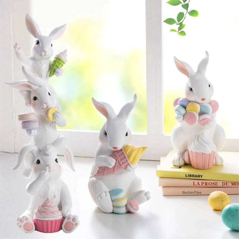 Glitzhome Easter Resin Bunny Holding Macaron Table Decor Stacked Rabbit Figurine - Set of 3