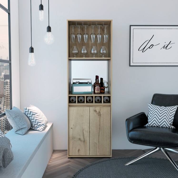 Double Door Bar Cabinet with 2 Shelves and 5 Built-in Wine Rack - Natural