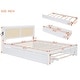 preview thumbnail 4 of 15, Queen Size Bed Frame w/ Rattan Headboard & Sockets Wooden Platform Bedframe w/ Trundle & Storage Drawers, Noise-Free-White
