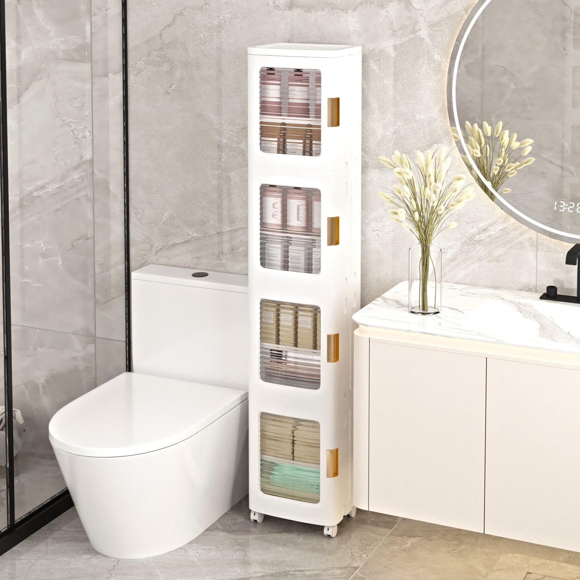 VECELO 65.4" Tall Narrow Storage Bins with Wheels Adjustable Shelves 4-Tier White Plastic Organizer for Bathroom Living Room