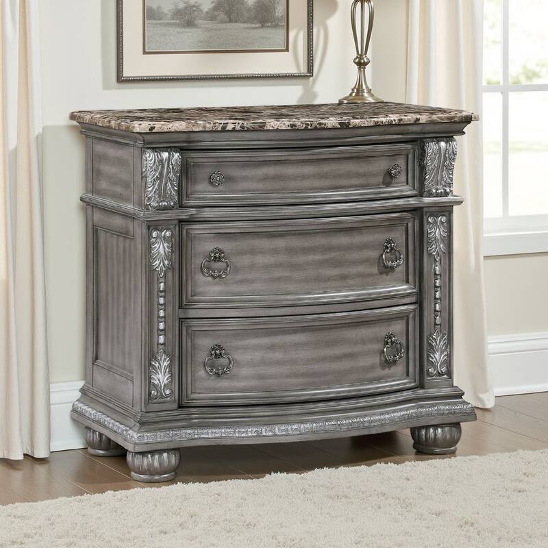 Toga 3 Drawer Nightstand, Gray Acacia Wood Carved Details, 35 Inch