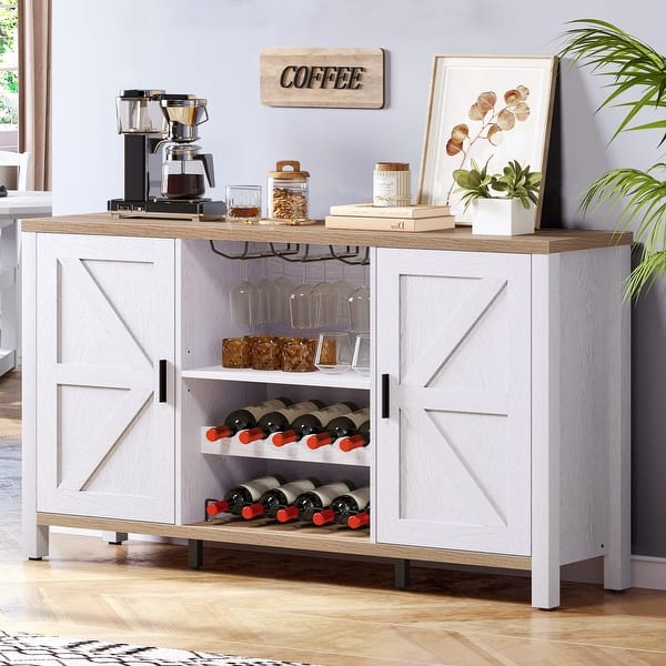 Moasis Farmhouse Bar Cabinet with Glass & Wine Rack Liquor Sideboard ...