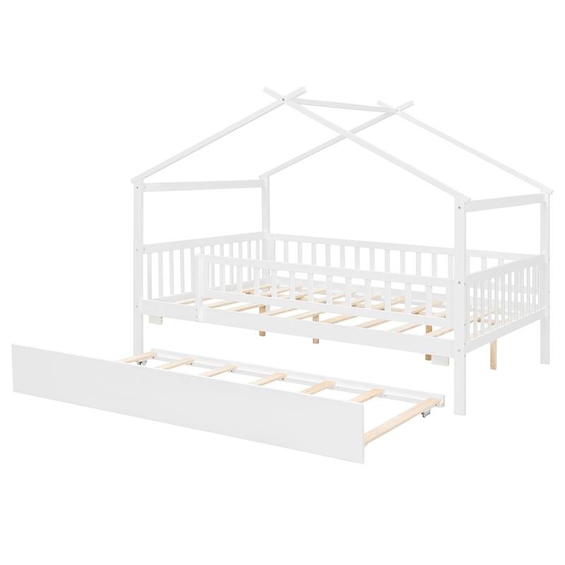 Roomfitters Full Size Wooden House Bed with Twin Trundle and Roof Frame Pine