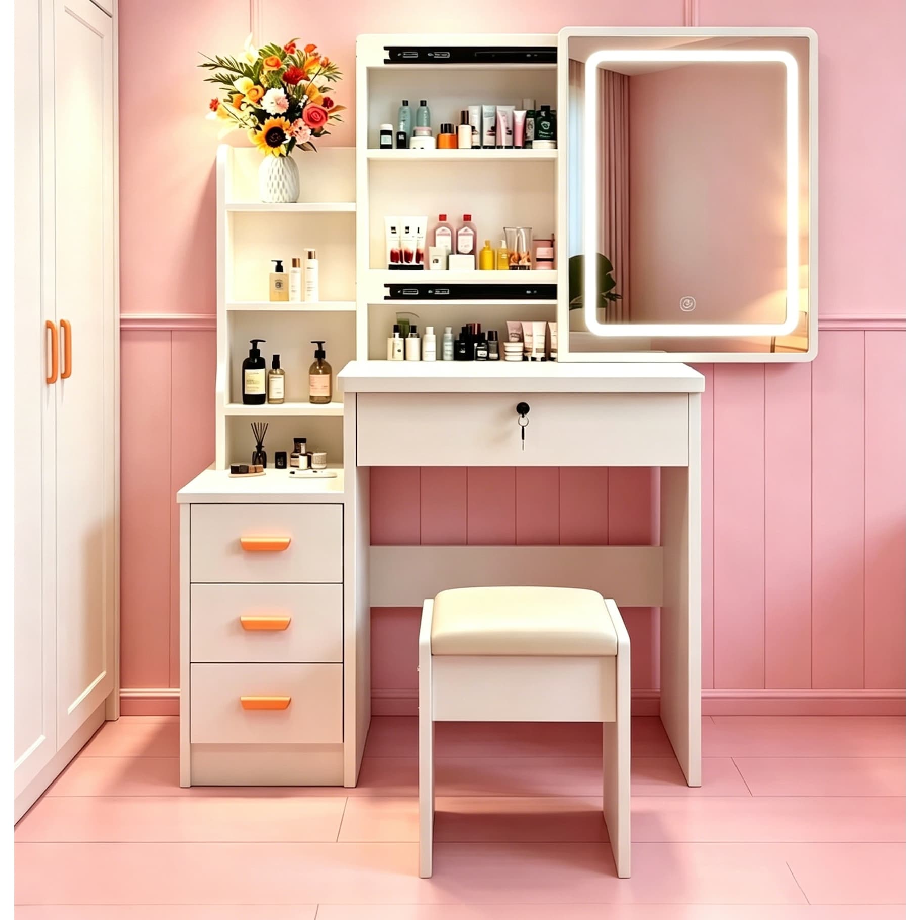 Modern-Style White Vanity Set Includes Led-Lit Mirror, Bedroom Makeup Table With Storage And Cushioned Stool