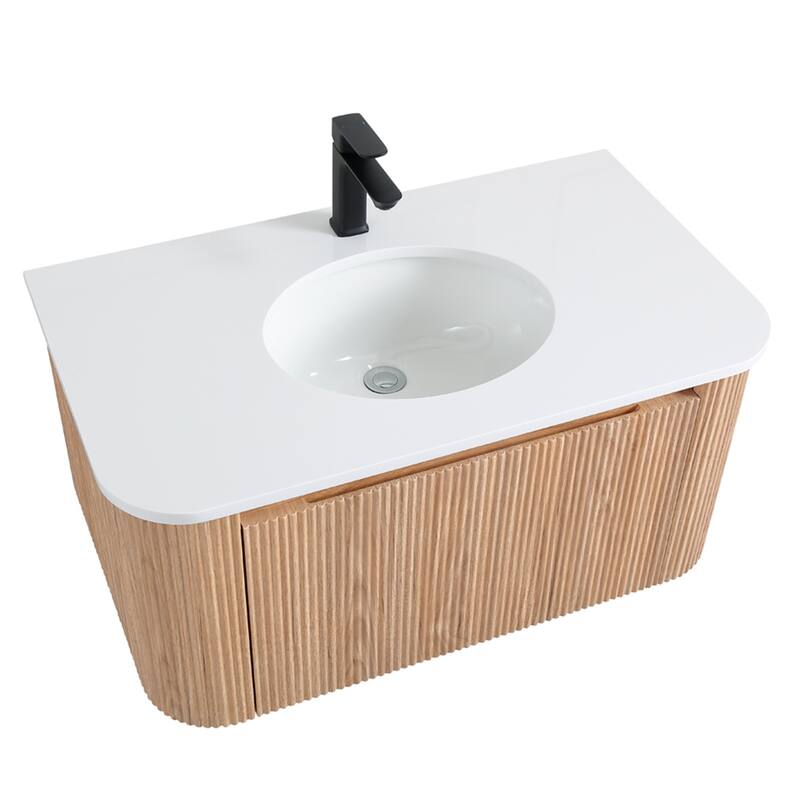 36" Wall Mounted Bathroom Vanity with Sink Curved Design, Soft Close Drawer