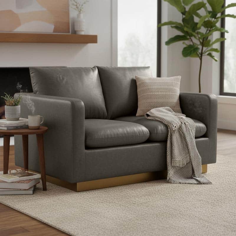 Nervo Loveseat 2-seater Modern Sofa With Leather Gold Accent Base Wooden Frame Removable Cushions for Office Lounge Living Room