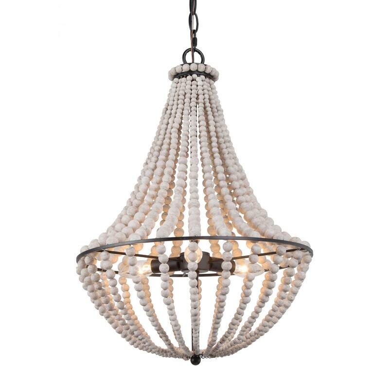 Modern Farmhouse 3-Light Wood Beads Coastal Chandelier - Off-white - 15.5'' L x 15.5'' W x 22'' H