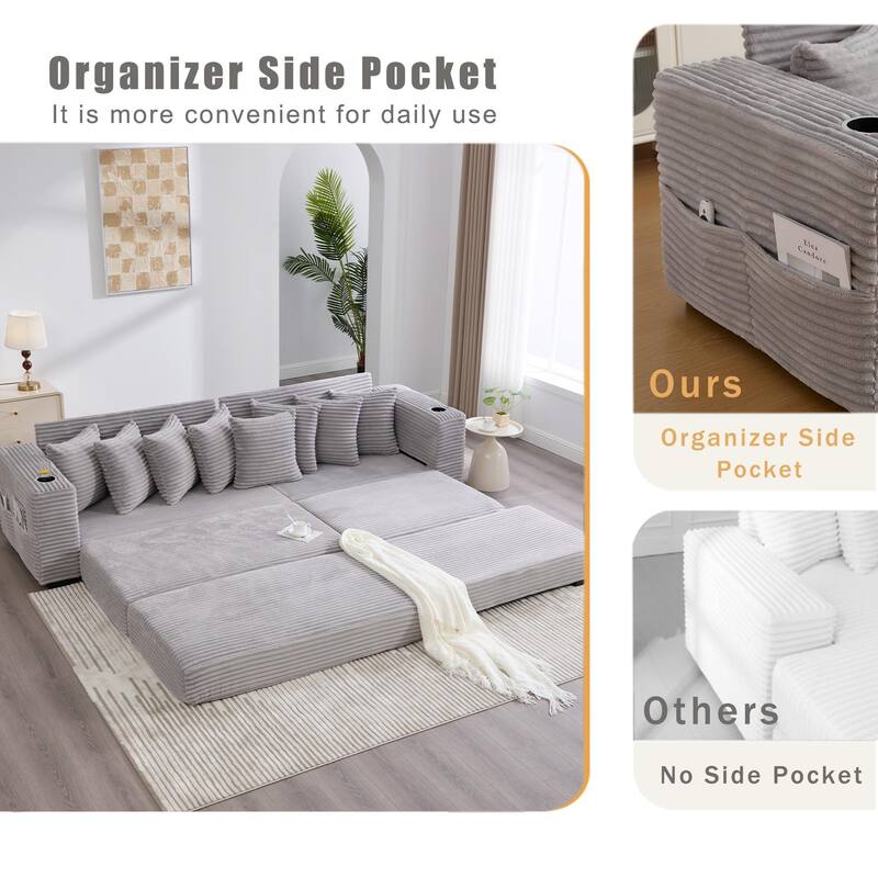 110.75" Corduroy Sectional Sofa, Convertible Sleeper Sofa Bed L-Shaped Upholstered Couch with Removable Footstool, Cup Holder