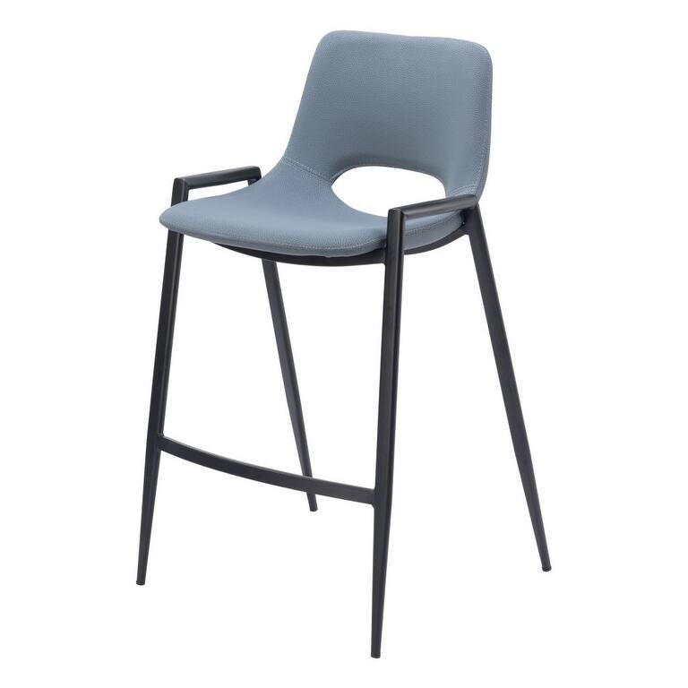 Set of Two 26" Blue And Black Faux Leather And Steel Low Back Counter Height Bar Chairs