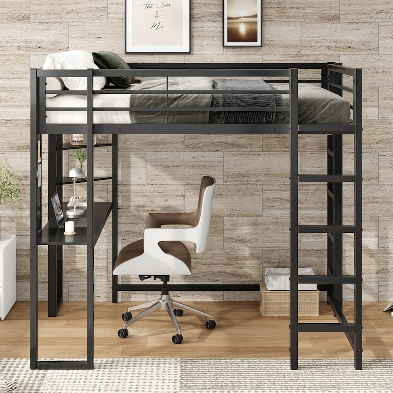 Full Size Loft Bed Frame with Desk and Triangular Shelves - Black - Full
