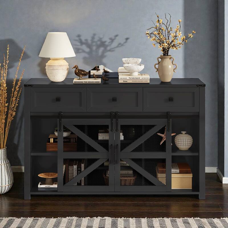 55" Sliding Barn Door Sideboard Buffet with 3 Drawers, Adjustable Shelves, Metal Mesh Doors & Aluminum Handles - Black