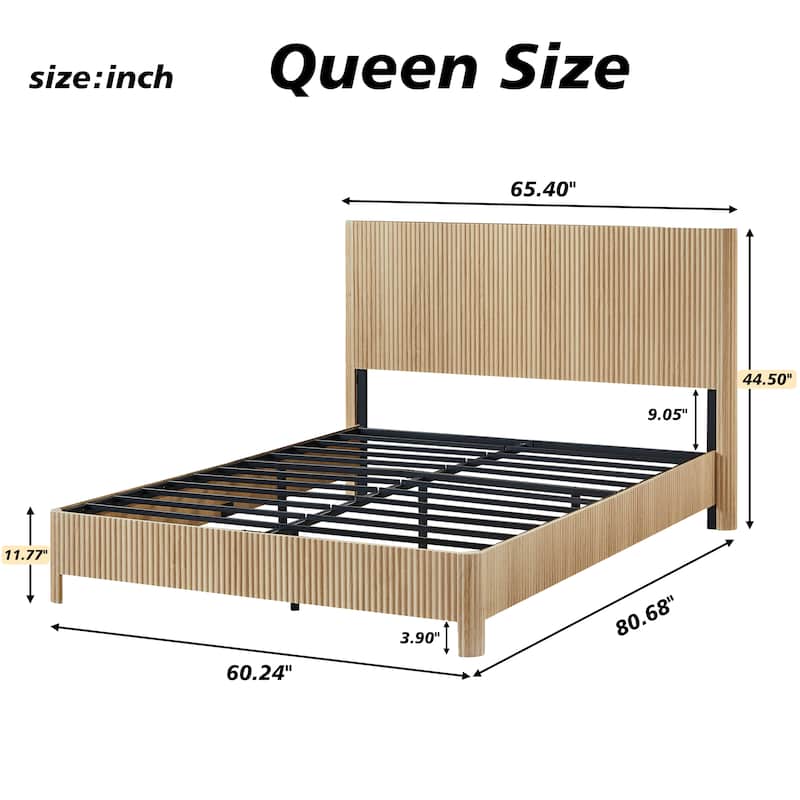 Queen Size Wooden Bed Frame with Corrugated Curved Headboard, Heavy-Duty Metal Support, No Box Spring Needed