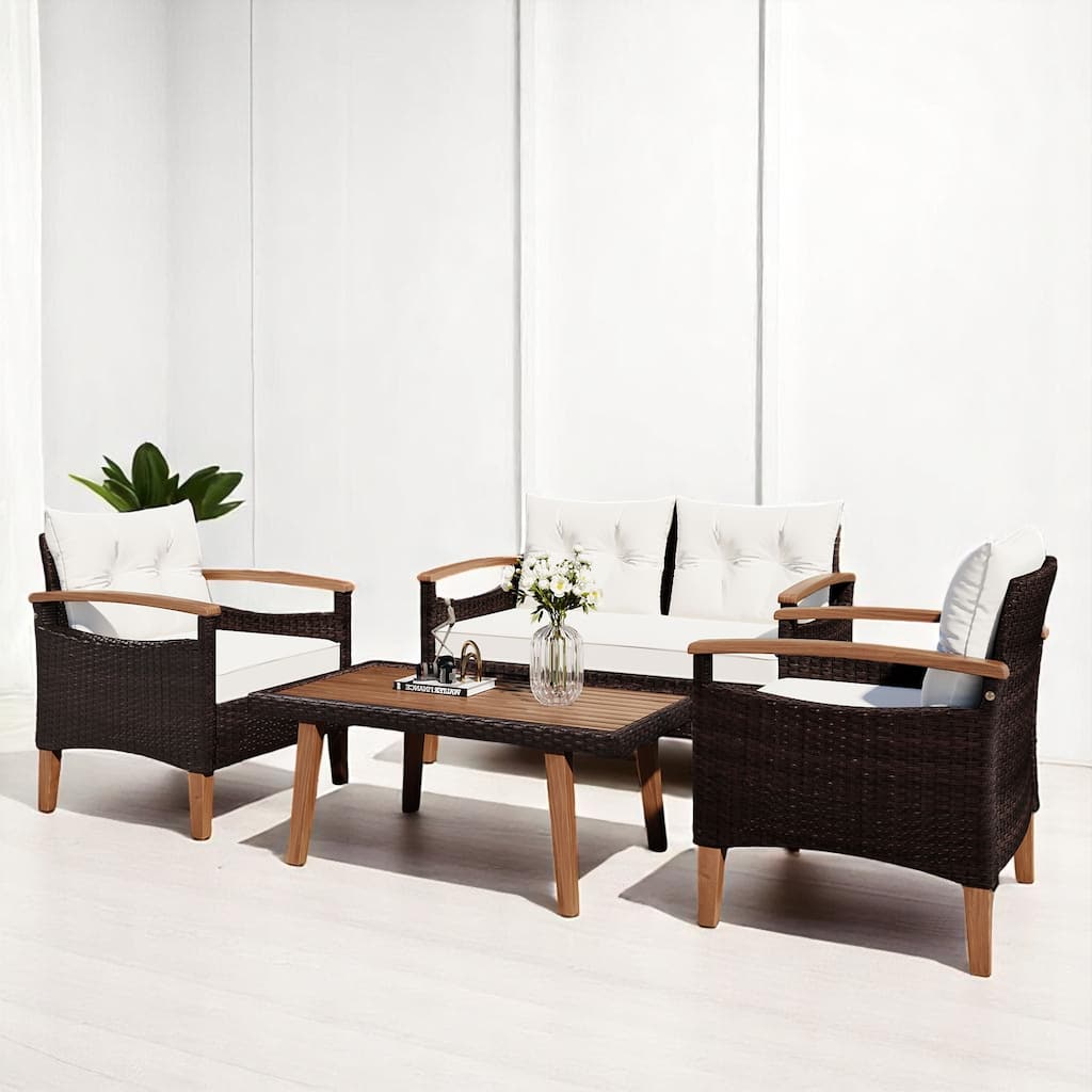 4-Piece Outdoor Wicker Sofa Set with Armrests, Coffee Table, Cushions, Pillows, and Protective Cover,outdoor Patio Furniture set