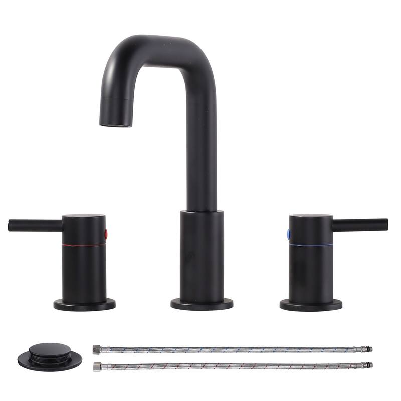 WOWOW 8 in. Widespread Double Handle Bathroom Faucet with Pop-Up Drain - Matte Black