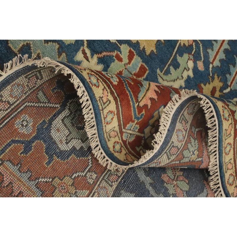 Hand-knotted Transitional Wool Carpet Blue Oushak Rug Floral Oriental Area Rug - 12' 2'' X 8' 10''