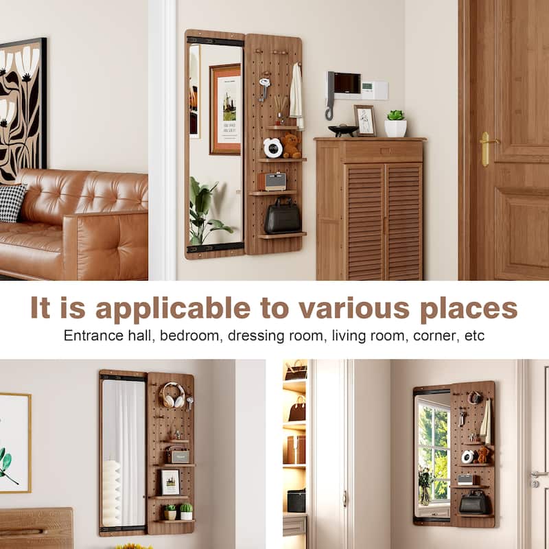 Wall Mounted Full Length Mirror with Shelf and Hook Wall Mounted Mirror with Multifunctional Design Panel(47.6*15.7in)