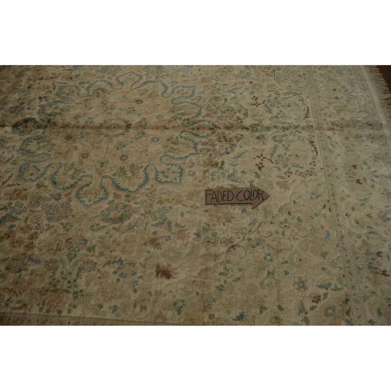 Hand Knotted Oriental Silk Carpet Traditional Floral Beige & Ivories Kashmir Area Rug - 7' 4'' X 6' 11''