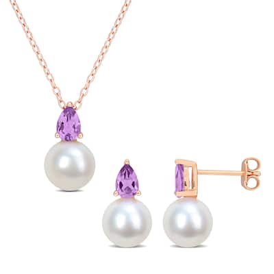 Miadora Cultured Freshwater Pearl 1ct TGW Amethyst Pendant Chain Earrings Set Rose Silver