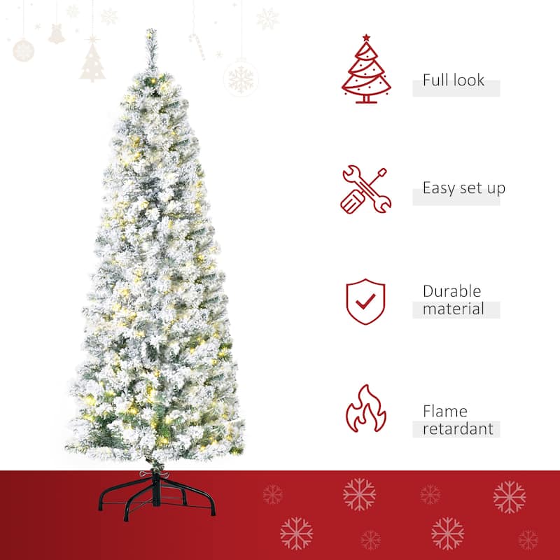 HOMCOM 6FT/7FT/9FT Slim Flocked Christmas Tree with Lights, Skinny Christmas Tree with Stand