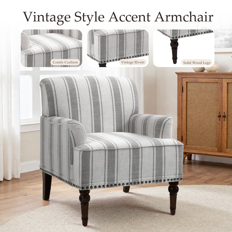 2 Set Linen Upholstered Armchairs Nailhead Trim Accent Chairs with Wooden Legs