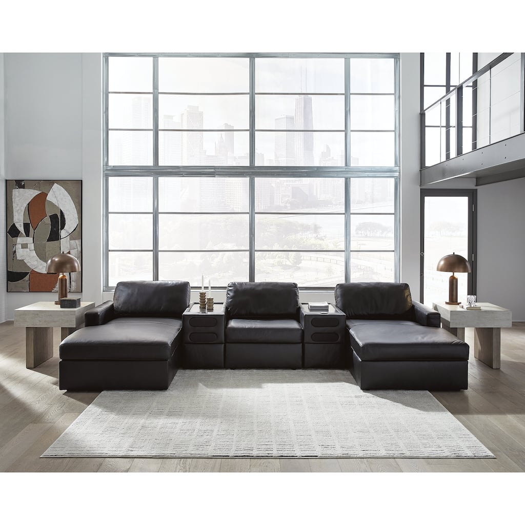 Signature Design by Ashley ModMax II Black 5-Piece Double Chaise Sectional with Audio Consoles - 144" W x 69" D x 36" H