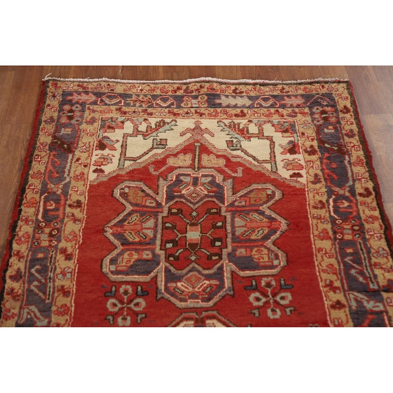 Vegetable Dye Red Heriz Persian Vintage Runner Rug Handmade Carpet - 3'1"x 9'8"