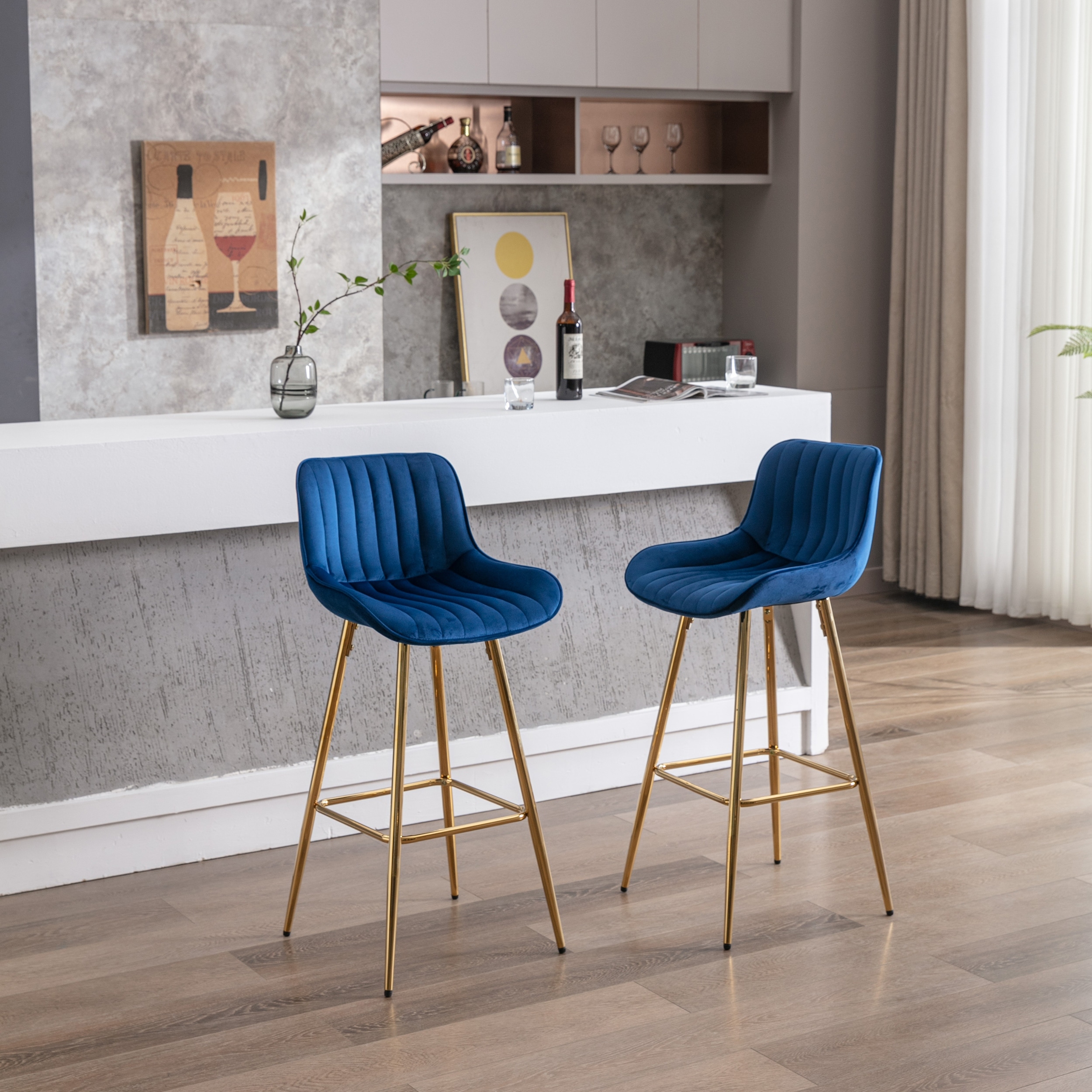 30 Inch Set Of 2 Bar Stools With Chrome Footrest Velvet Fabric Counter Stool Golden Leg Simple High Bar Stool for Living Room Bed Bath Beyond 37682384