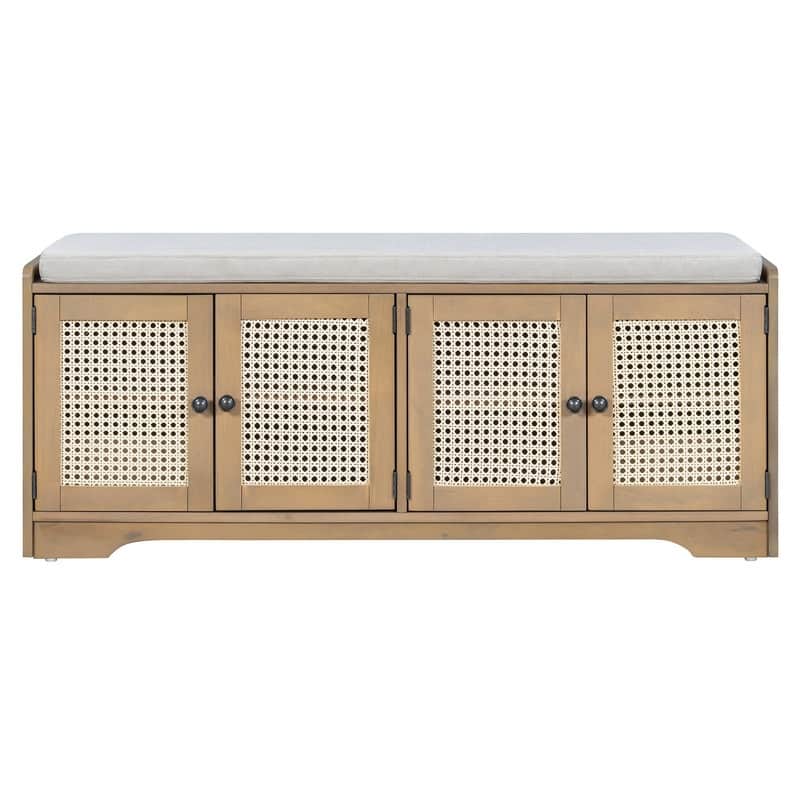 Rustic 47.4" Storage Bench Multifunctional Wooden Entryway Organizer with Removable Cushion and Rattan Doors