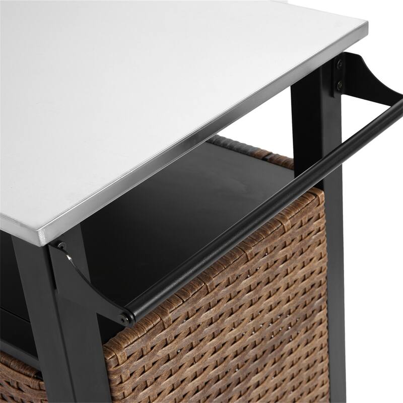 Outdoor Wicker Rolling Island w/ Stainless Steel Extended Top,Handle