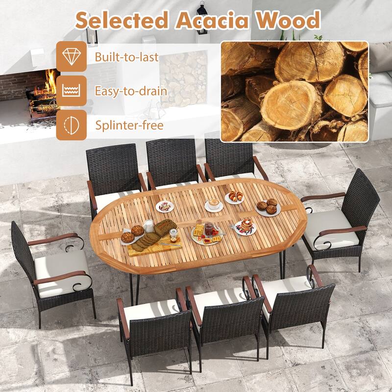 Gymax 9 PCS Acacia Wood Table & 8 Patio Wicker Armchairs Patio Rattan