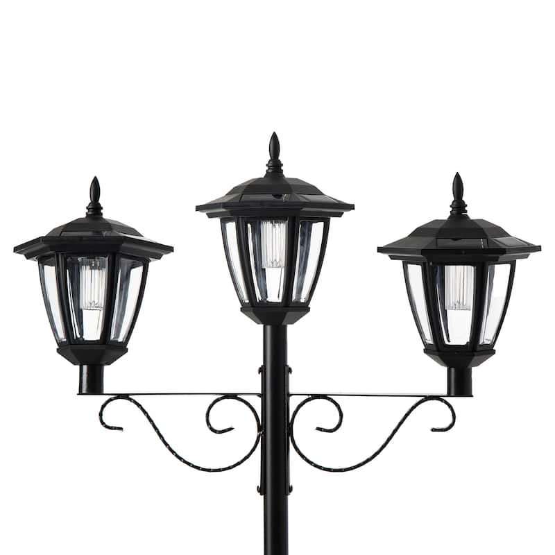 Glitzhome 6FT Solar 3-Head Lamp Street Light with Planter Pot - Black