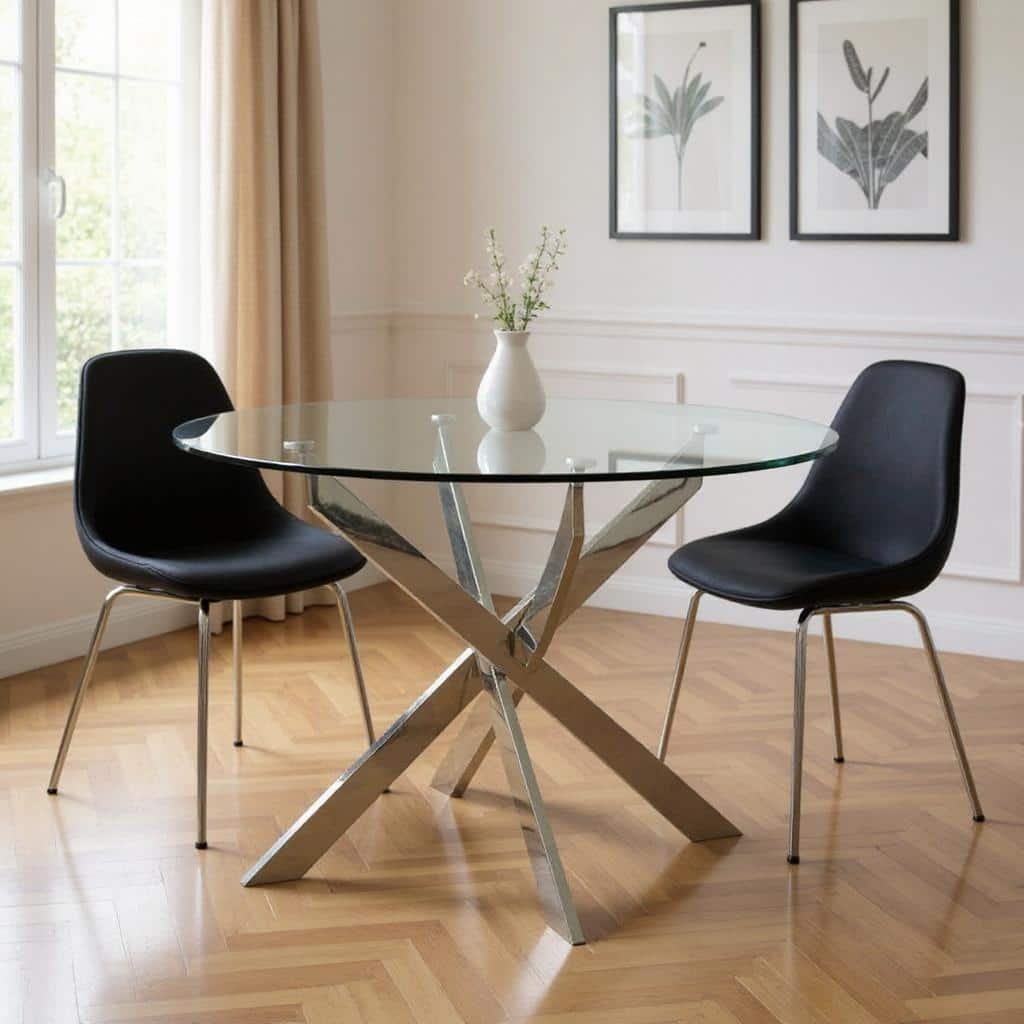 HomeRoots 54" Clear and Silver Glass and Metal Cross Leg Base Round Top Dining Table - 54.00 in. x 30.00 in. x 54.00 in.