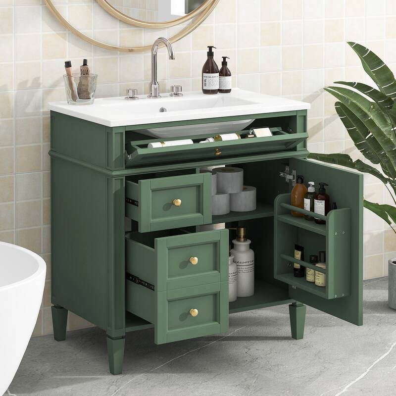 30"Bathroom Vanity with Top Sink, Bathroom Storage Cabinet with 2 Drawers and a Tip-out Drawer, Single Sink Bathroom Vanity