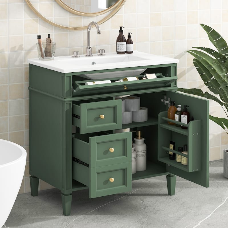 Bathroom Vanity with Top Sink, Wooden Undermount Bathroom Sink Cabinet, Single Basin Vanity Set with a Tip-Out Drawer & Shelves
