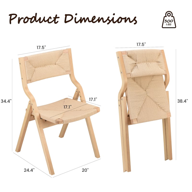 Wood Folding Chairs, Foldable Chairs Wooden Stackable Dining Chairs with Woven Seat & Webbing Back, Dining Chair Set of 2
